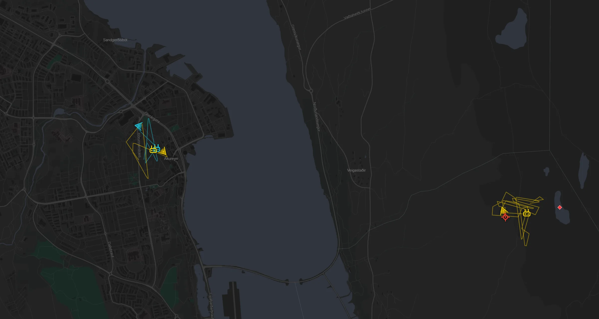 RAKN's live map: two groups' drones, remotes and tracks around Akureyri