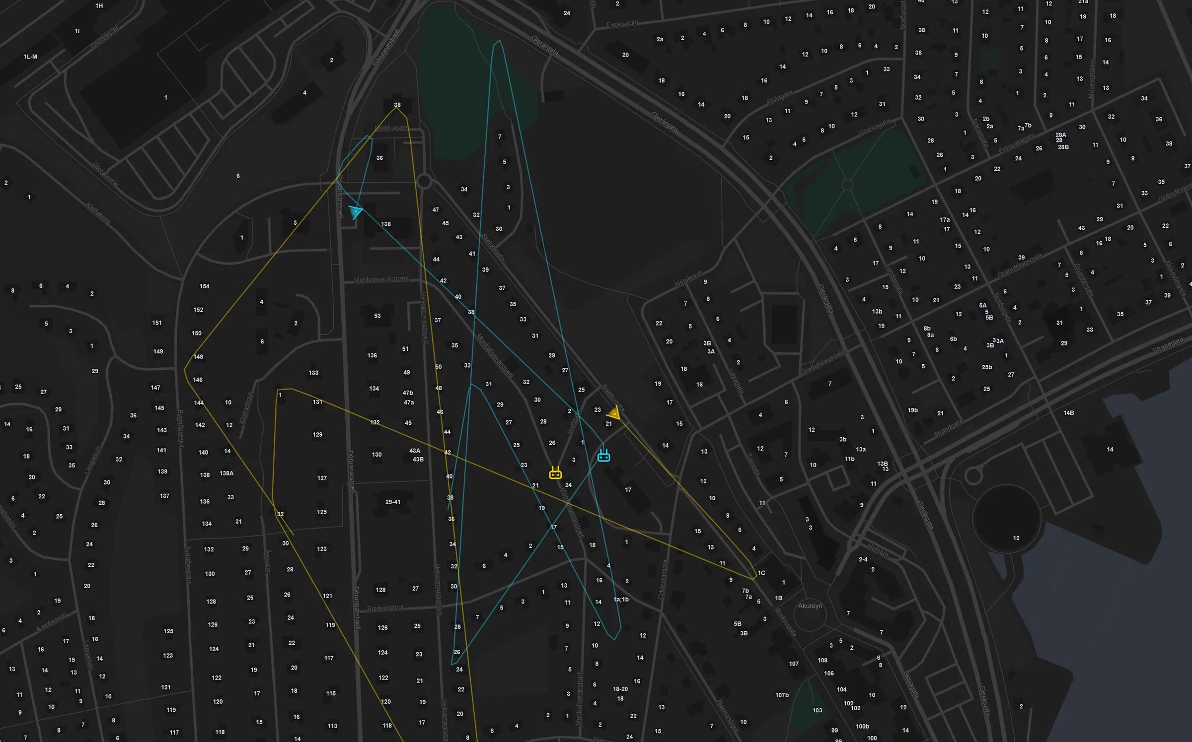 A search in progress: two drones' tracks over the streets of Akureyri